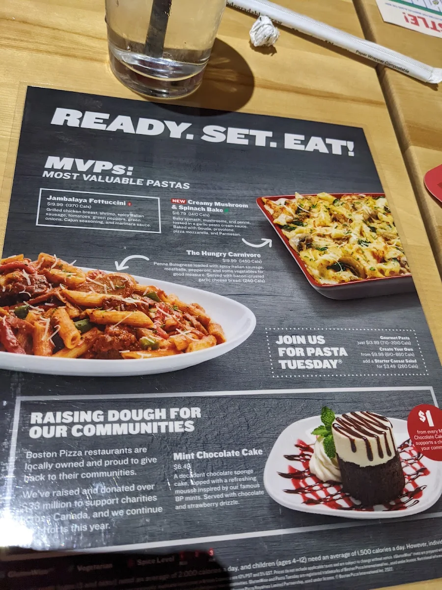 Menu, Boston Pizza