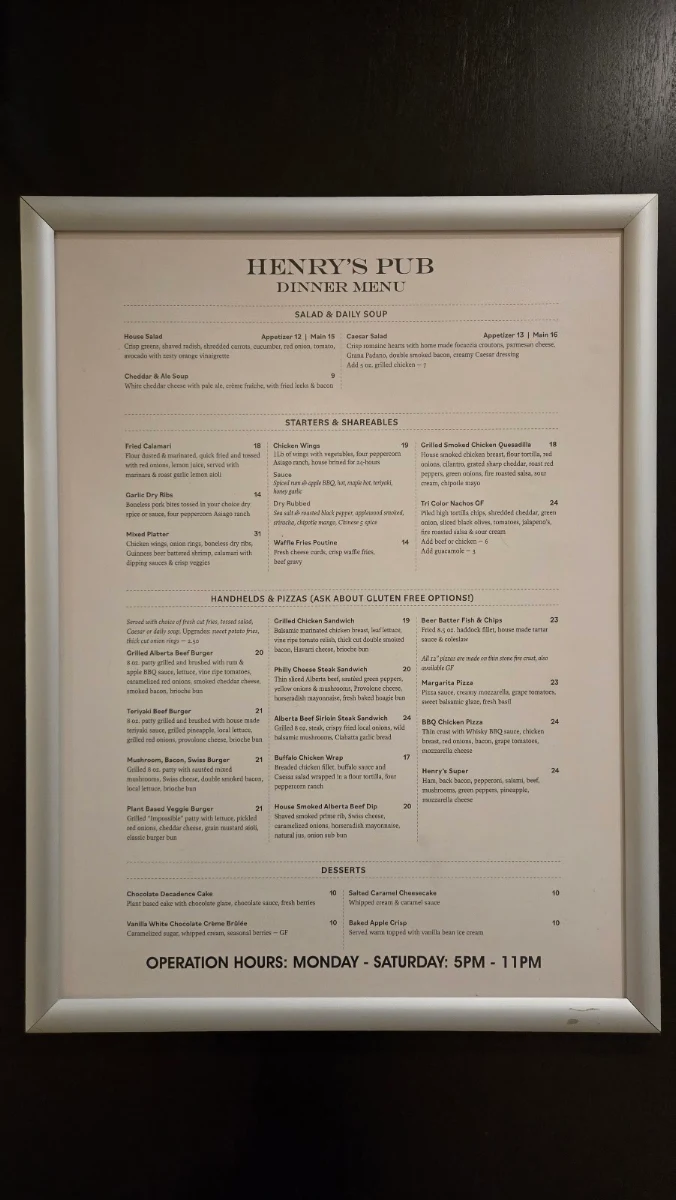 Menu, Henry's Pub