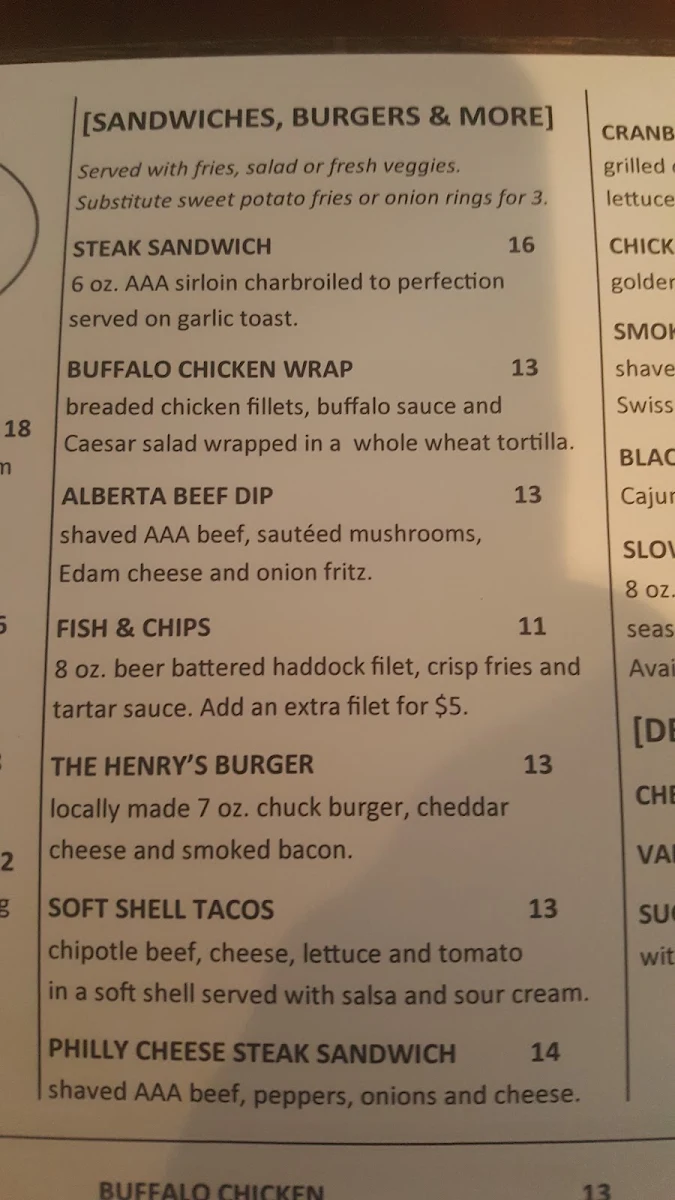 Menu, Henry's Pub