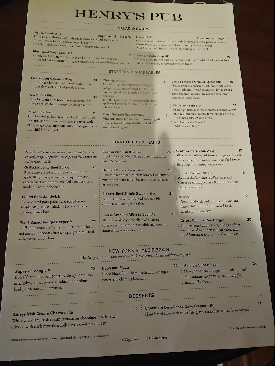 Menu, Henry's Pub