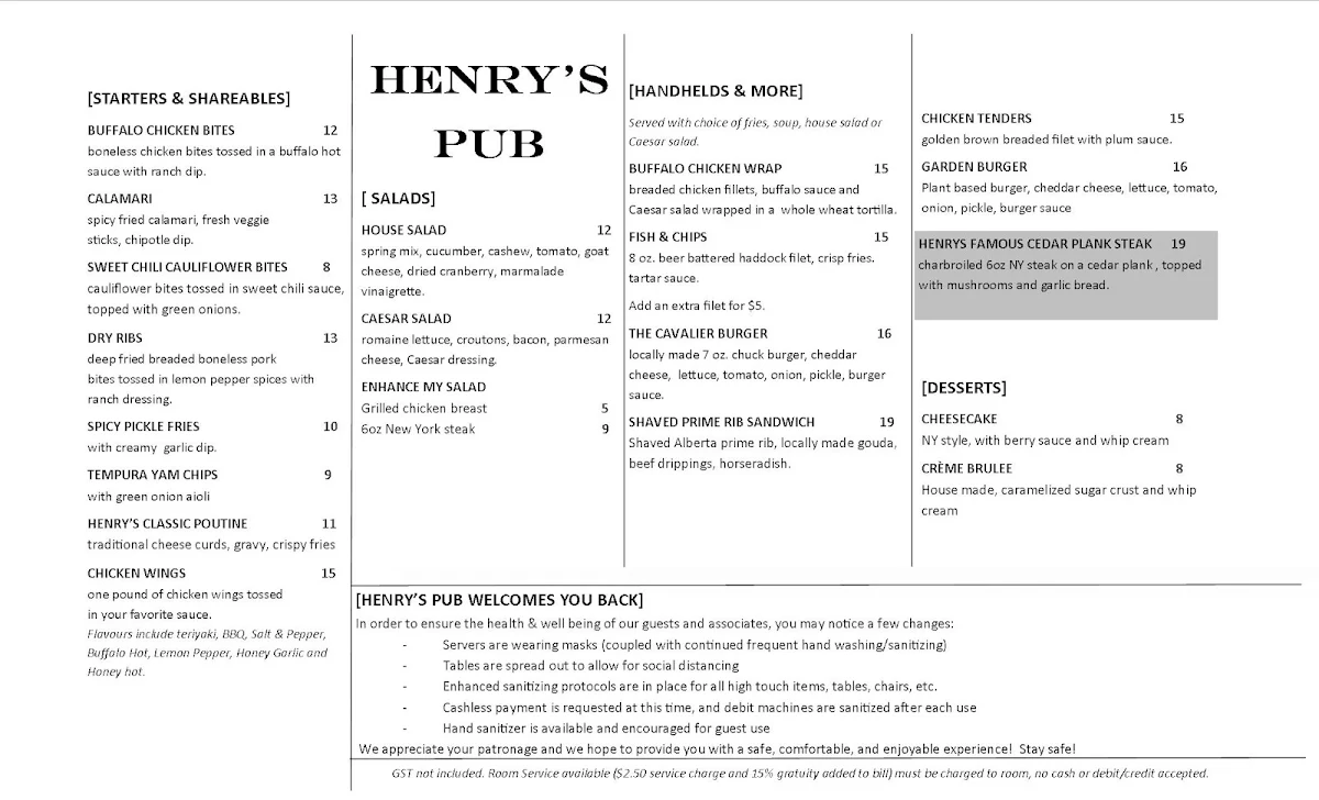 Menu, Henry's Pub