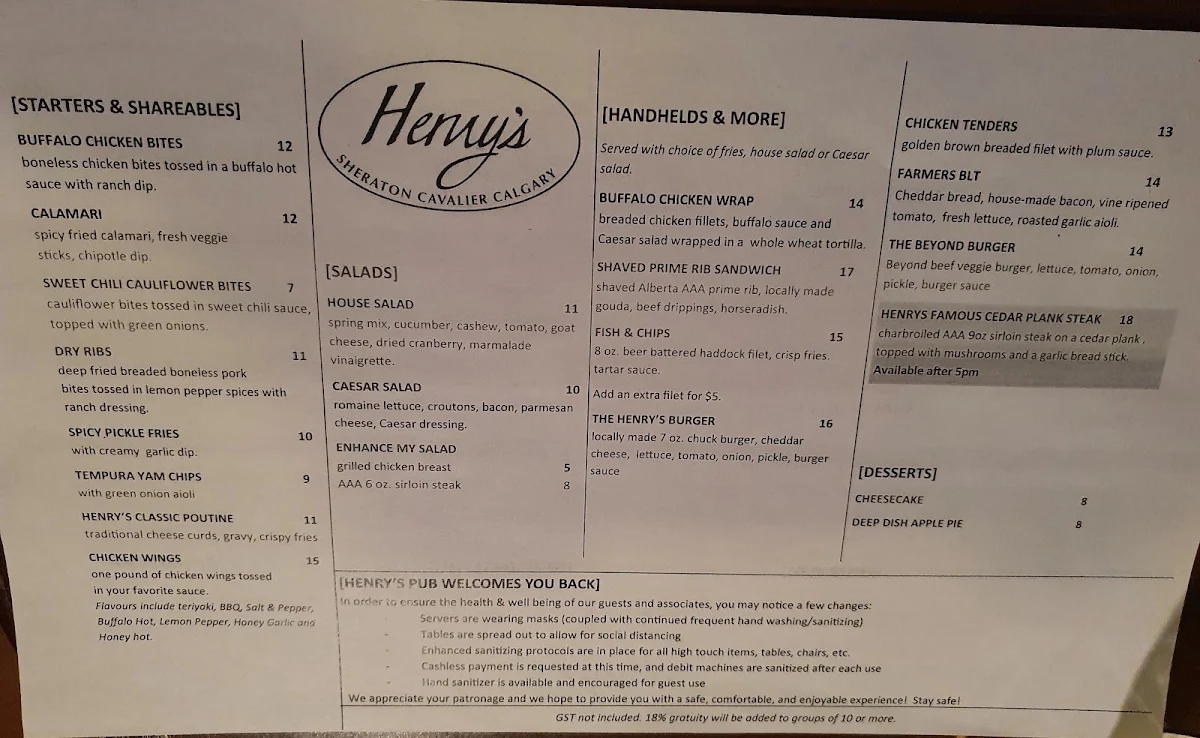 Menu, Henry's Pub