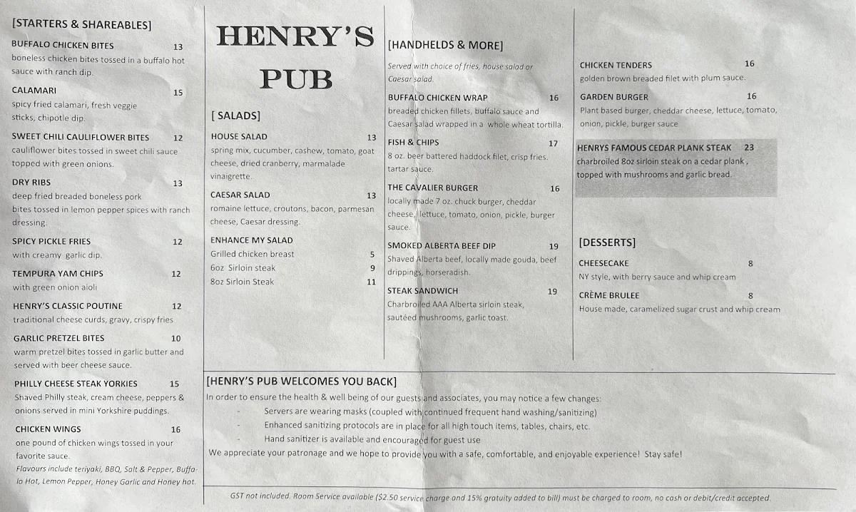 Menu, Henry's Pub