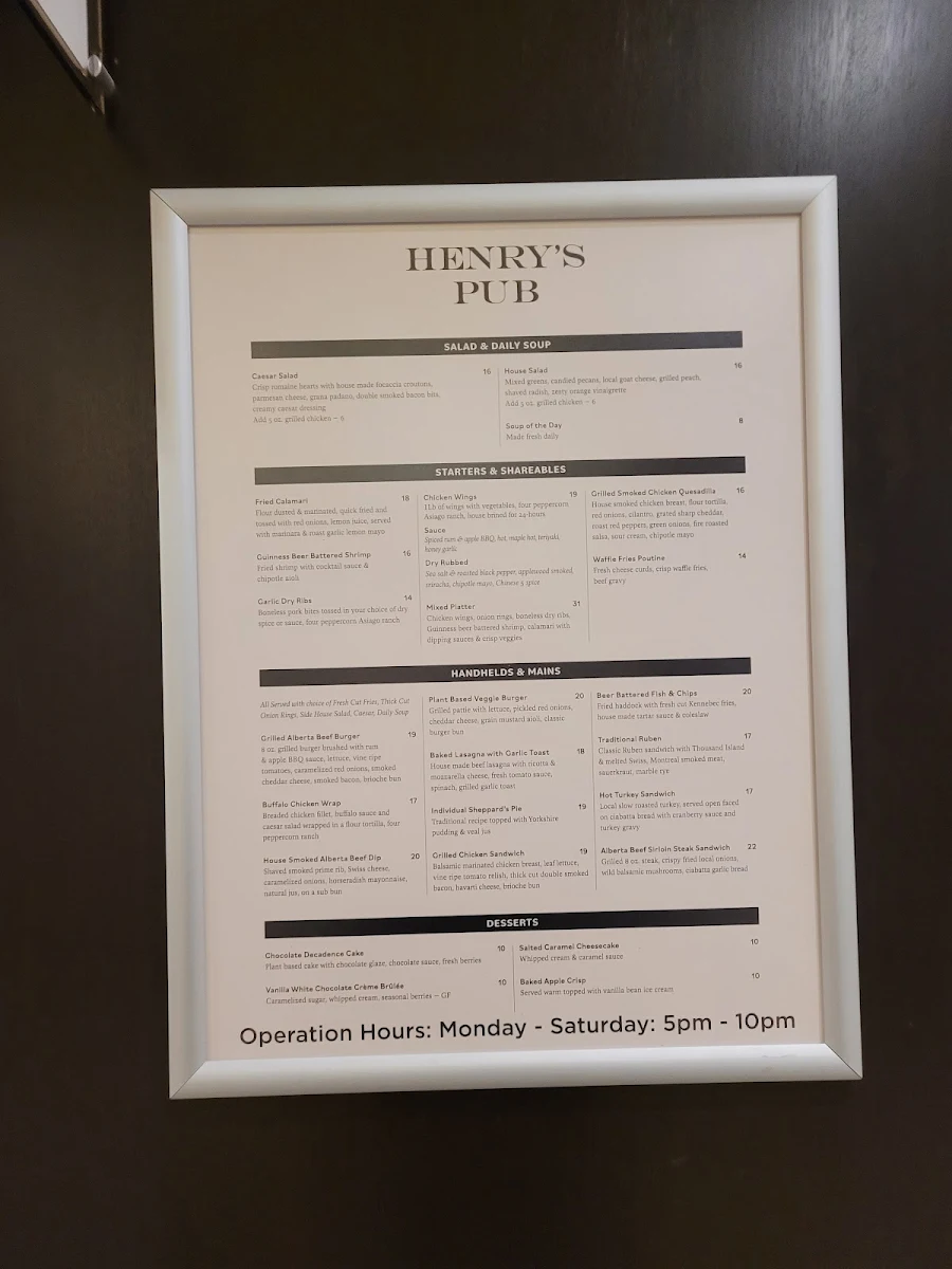Menu, Henry's Pub