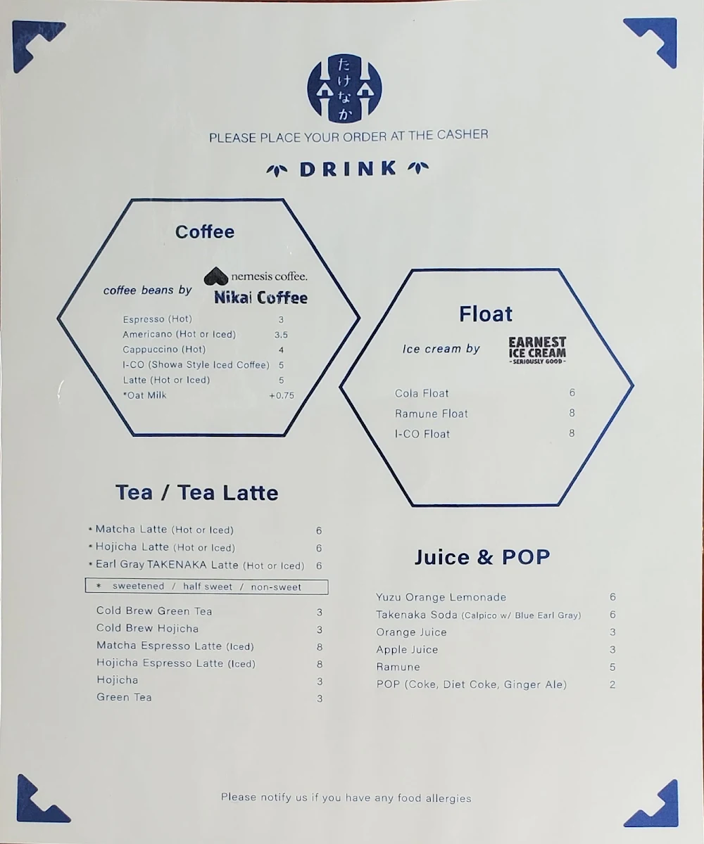 Menu, Takenaka