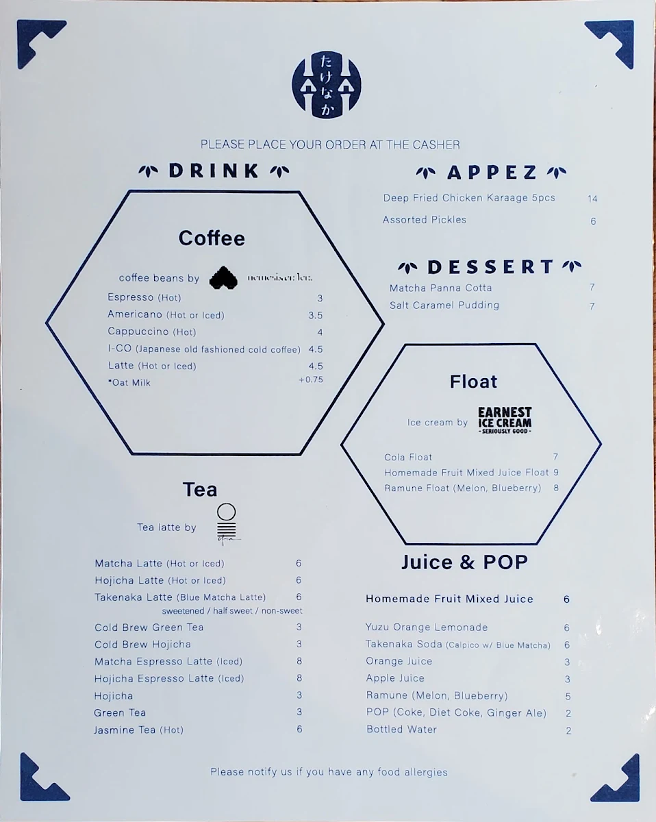 Menu, Takenaka