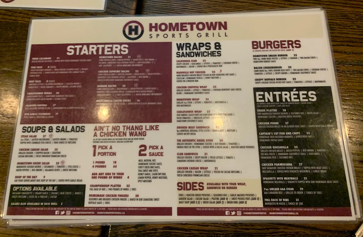 Menu, Hometown Sports Grill