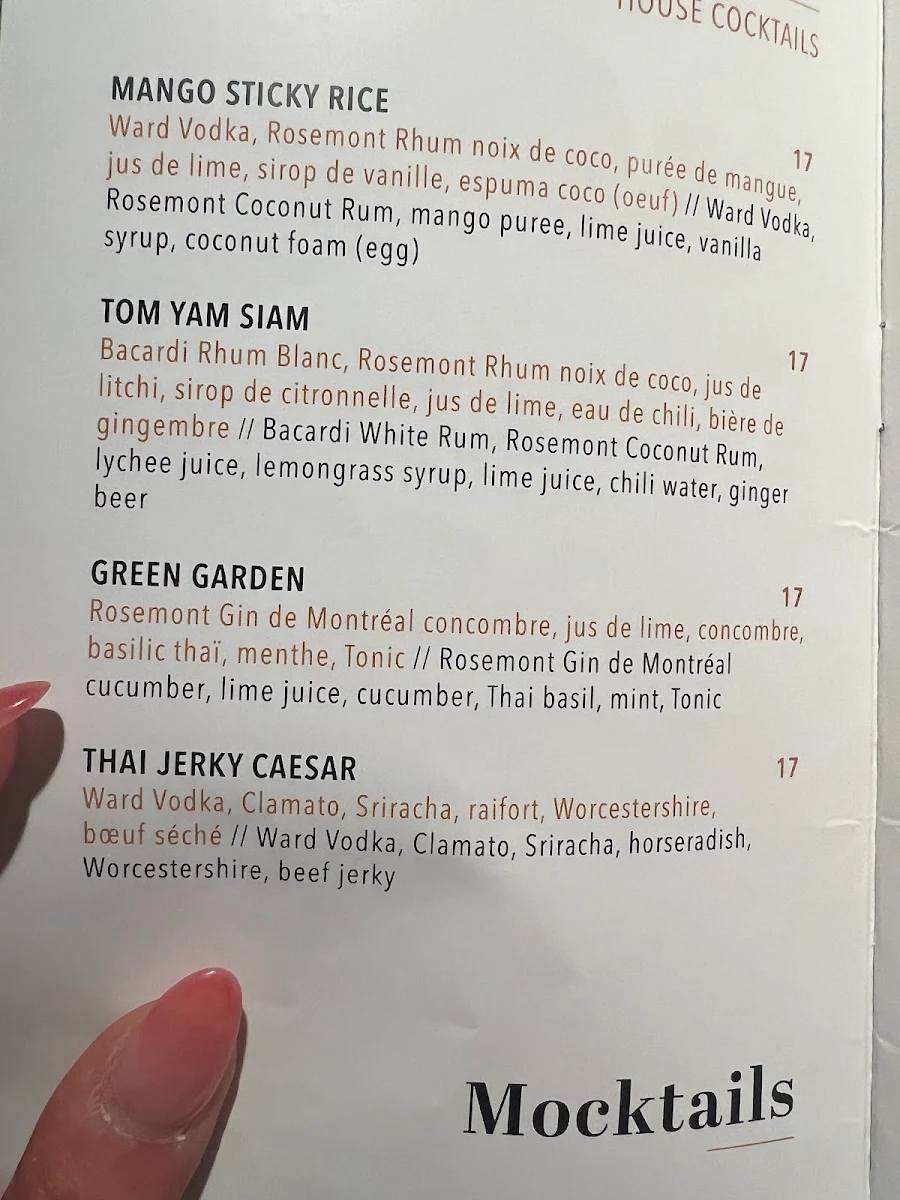 Menu, Siam Centre-Ville