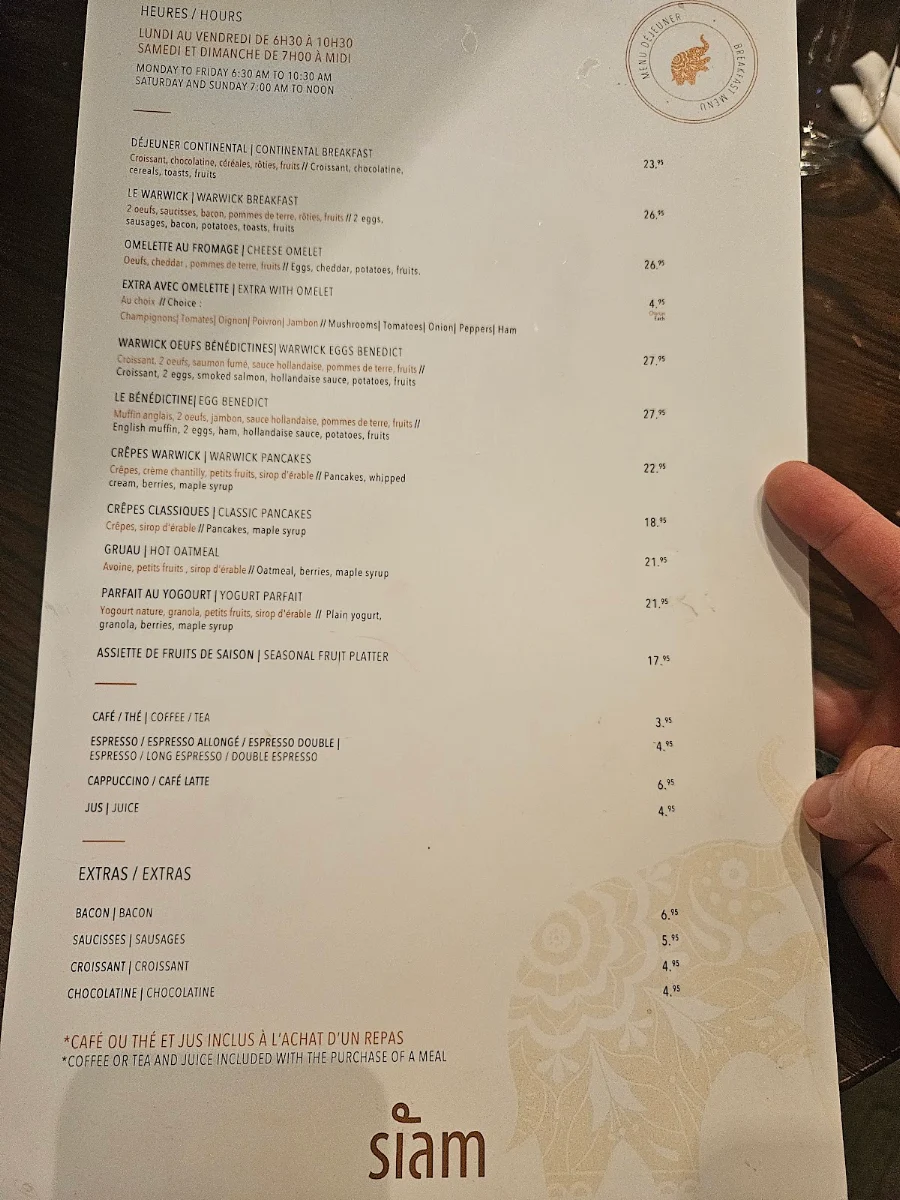 Menu, Siam Centre-Ville