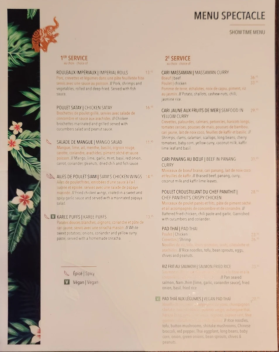 Menu, Siam Centre-Ville