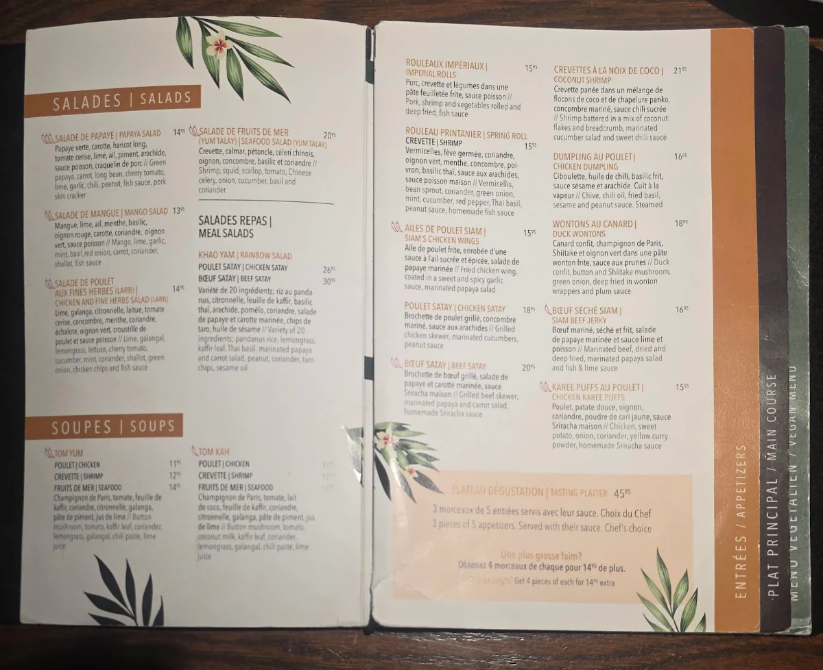 Menu, Siam Centre-Ville
