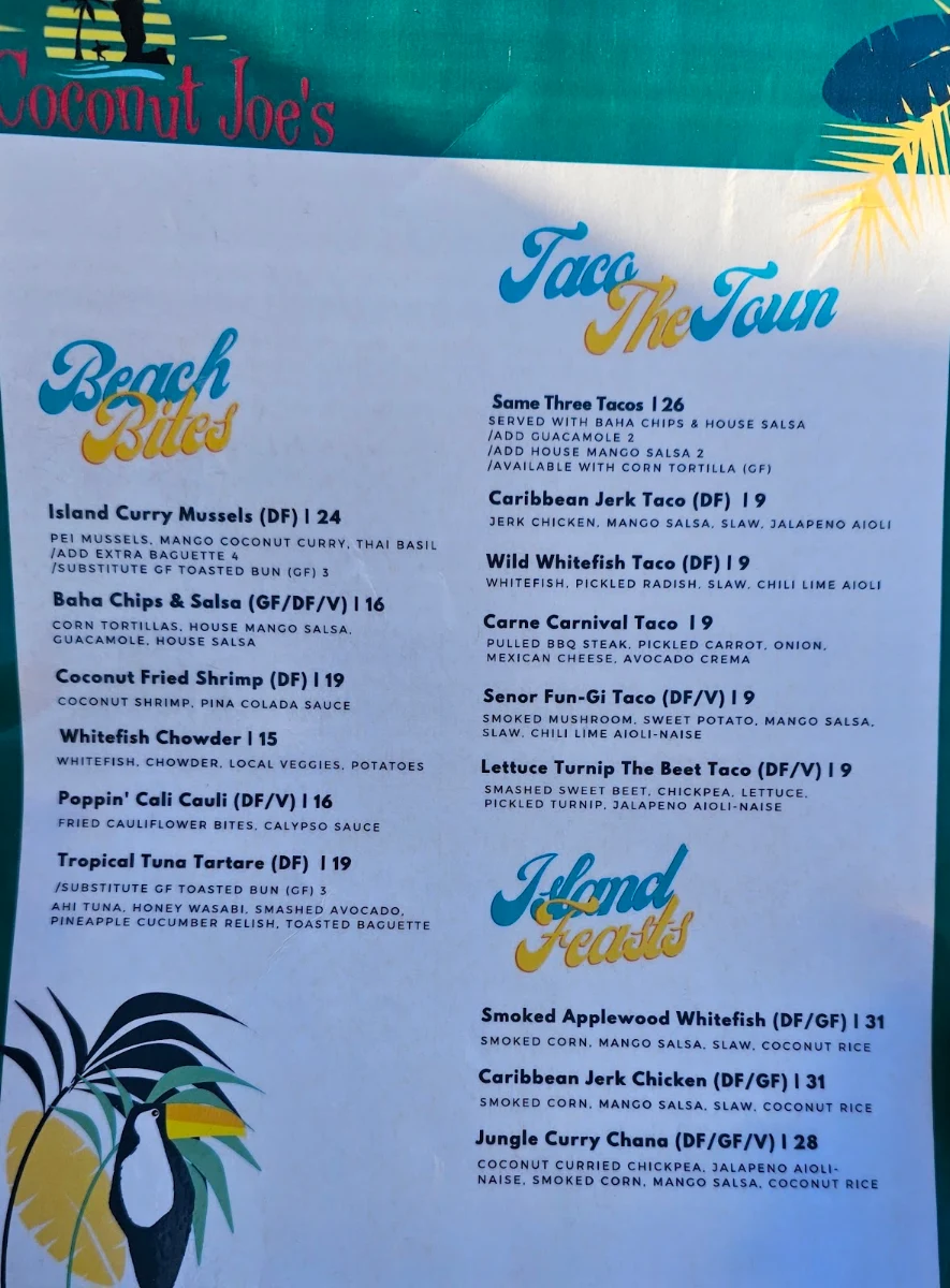Menu, Coconut Joe's Harbour Bar and Grill