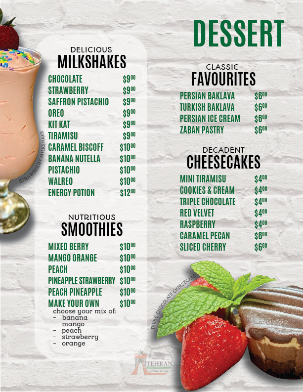 Menu, Tehran Cafe
