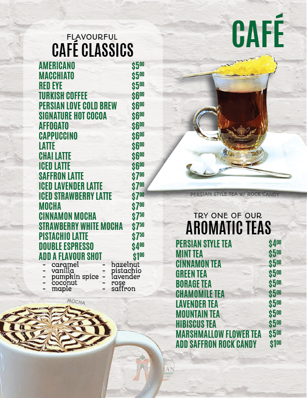 Menu, Tehran Cafe