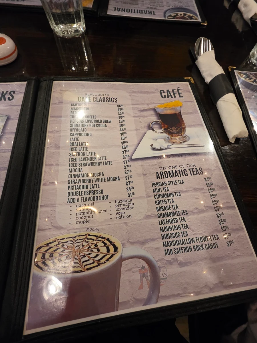 Menu, Tehran Cafe