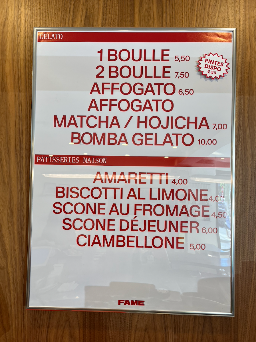 Menu, FAME CAFÉ