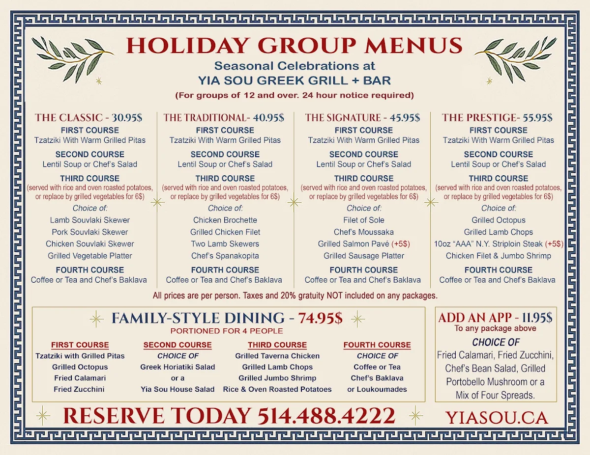 Menu, Yia Sou Greek Grill + Bar