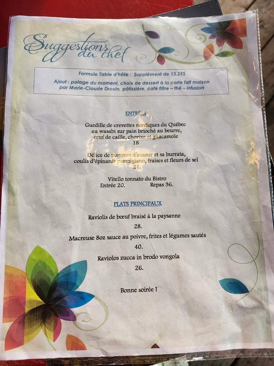 Menu, Cafe Bistro OK