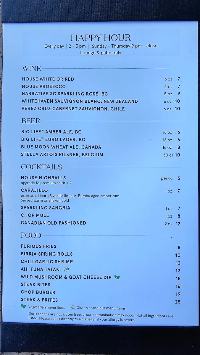 Menu, Chop Steakhouse & Bar