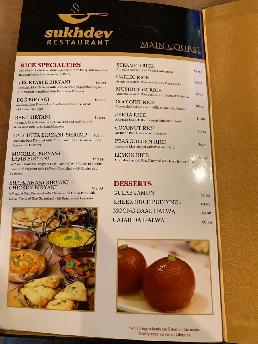 Menu, Sukhdev Indian Restaurant