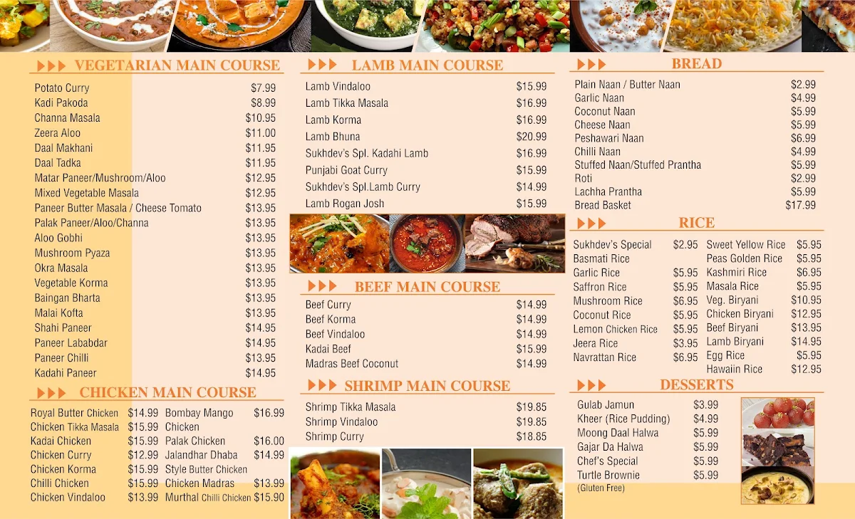 Menu, Sukhdev Indian Restaurant