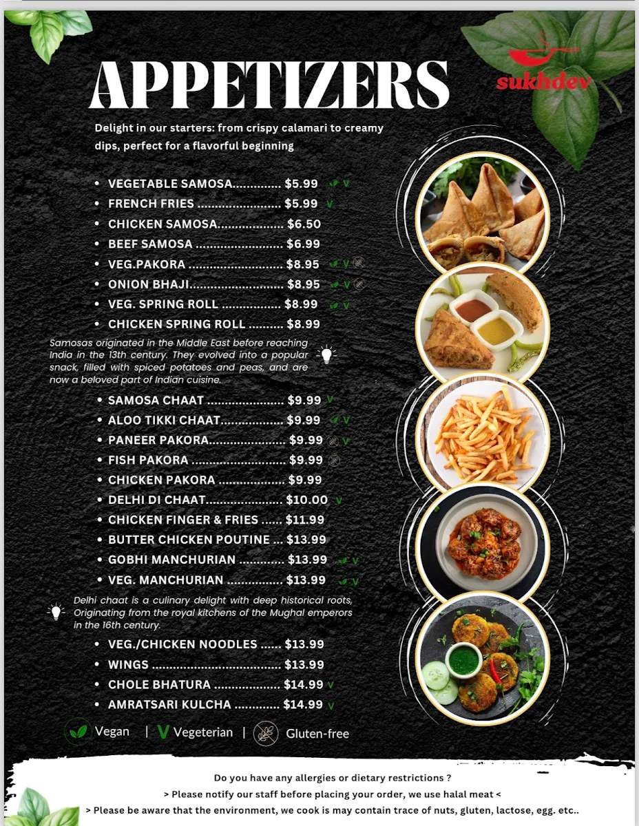 Menu, Sukhdev Indian Restaurant