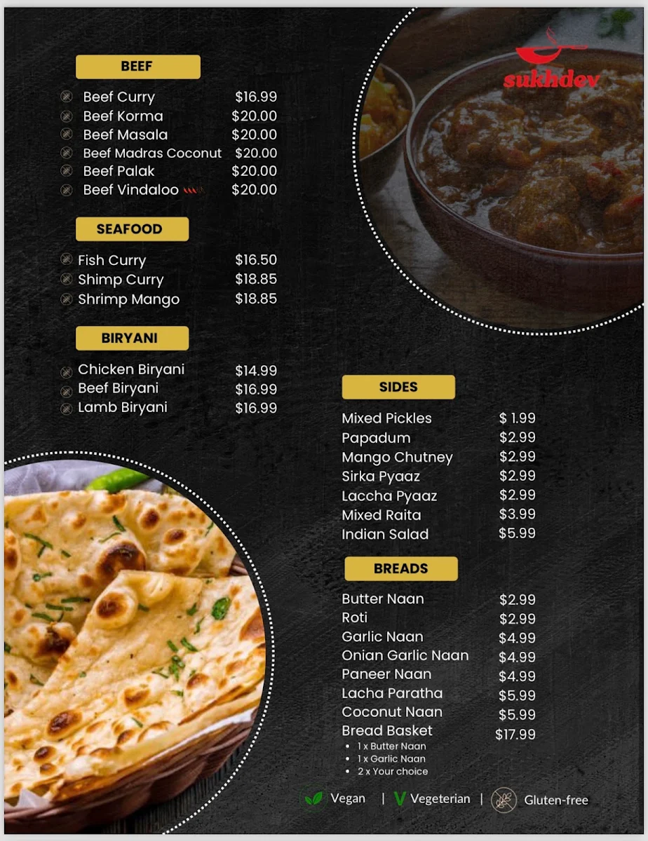 Menu, Sukhdev Indian Restaurant