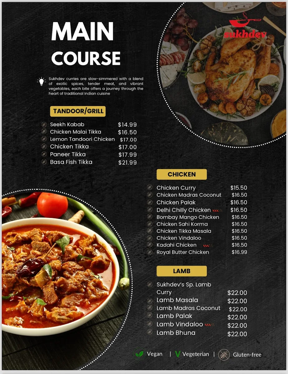 Menu, Sukhdev Indian Restaurant
