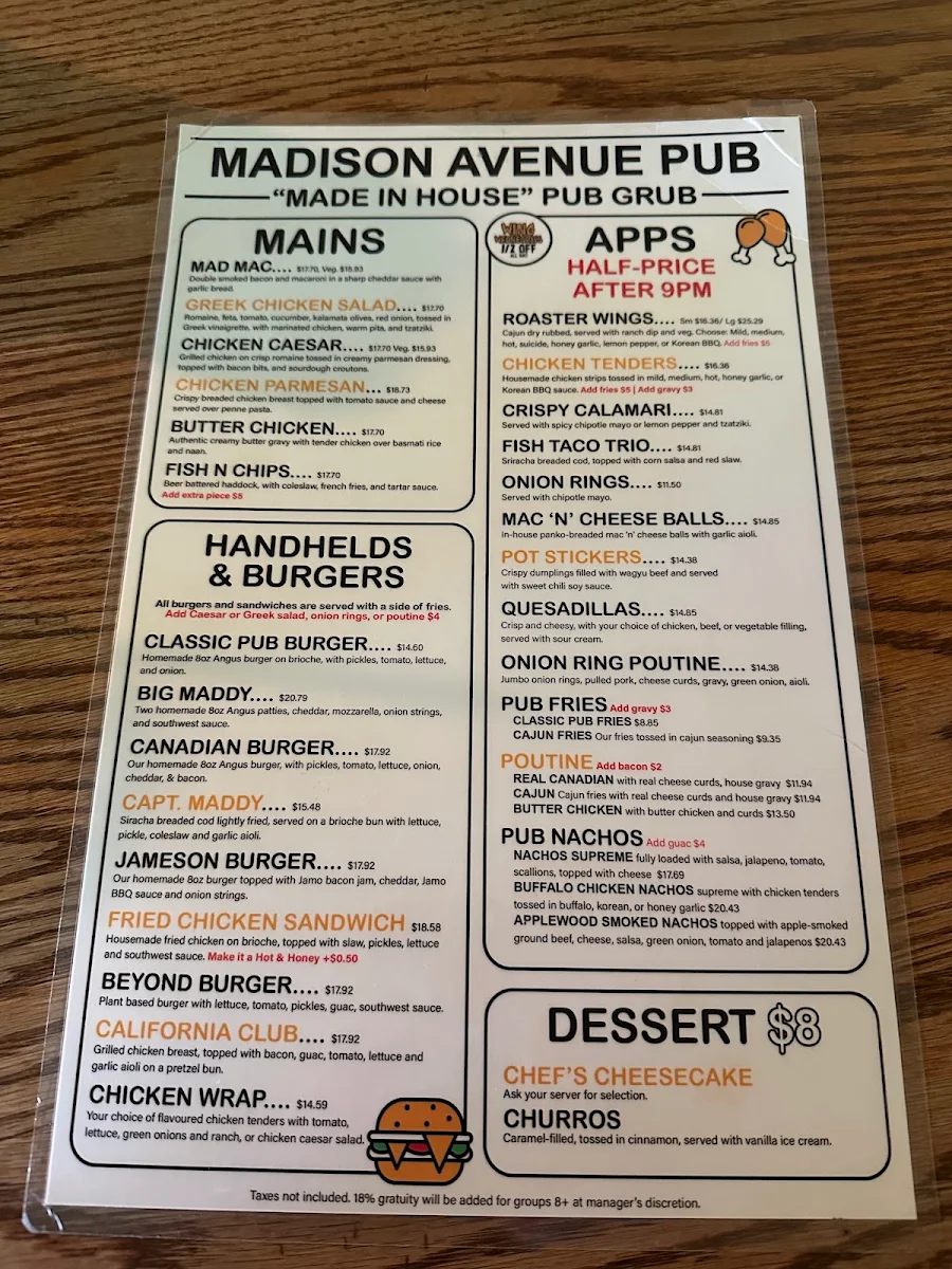 Menu, Madison Avenue Pub