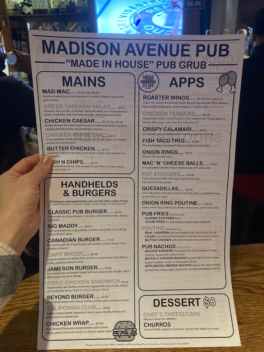 Menu, Madison Avenue Pub