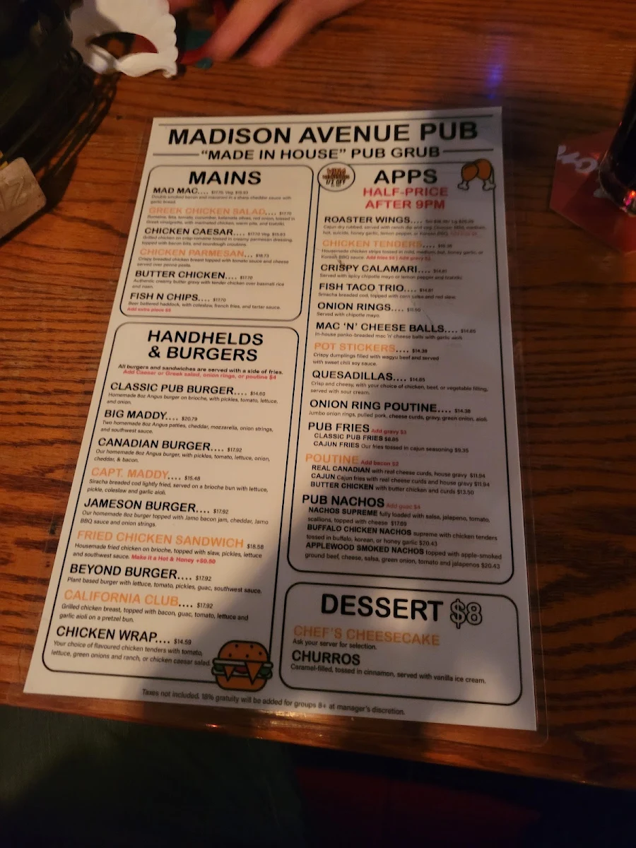Menu, Madison Avenue Pub