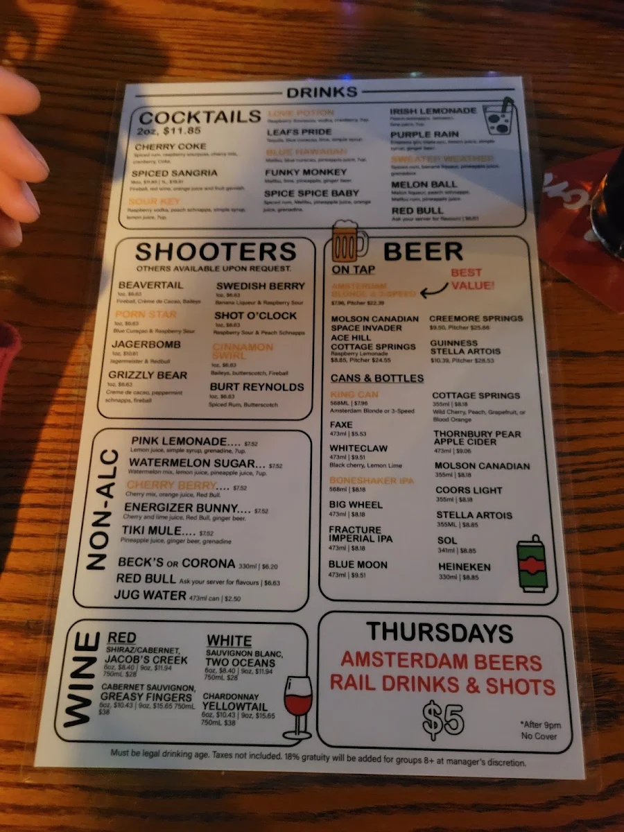 Menu, Madison Avenue Pub
