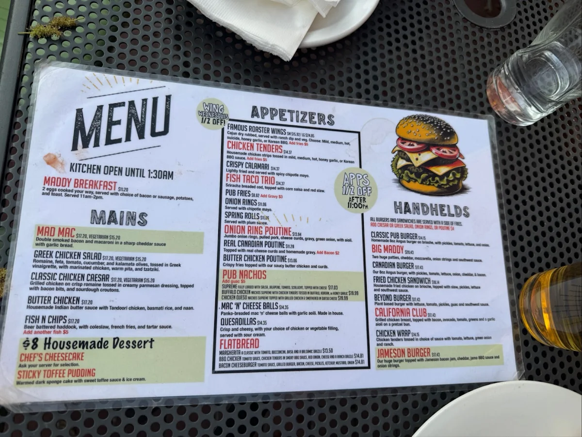 Menu, Madison Avenue Pub