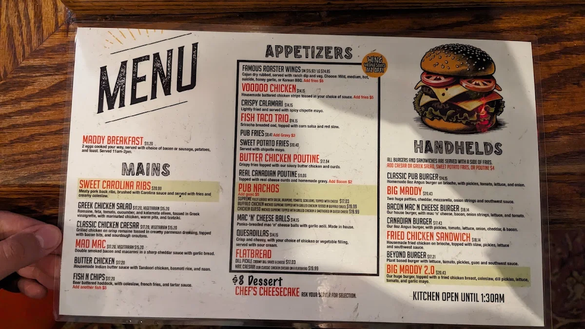 Menu, Madison Avenue Pub