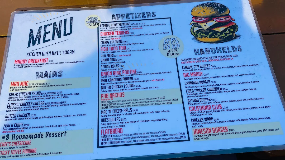 Menu, Madison Avenue Pub