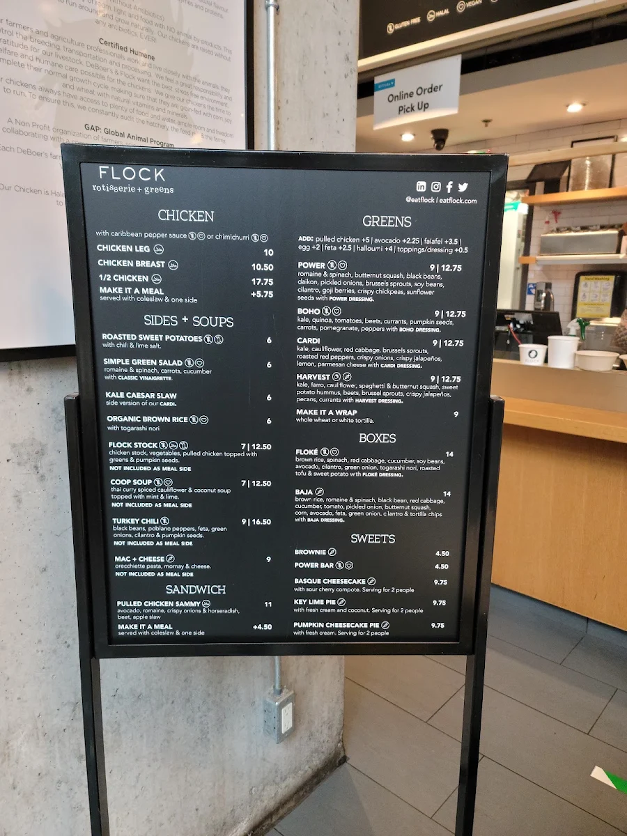 Menu, FLOCK rotisserie + greens