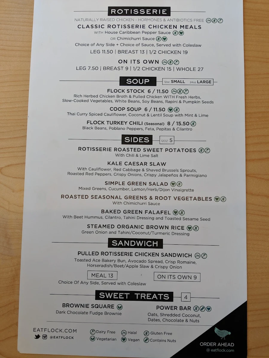 Menu, FLOCK rotisserie + greens