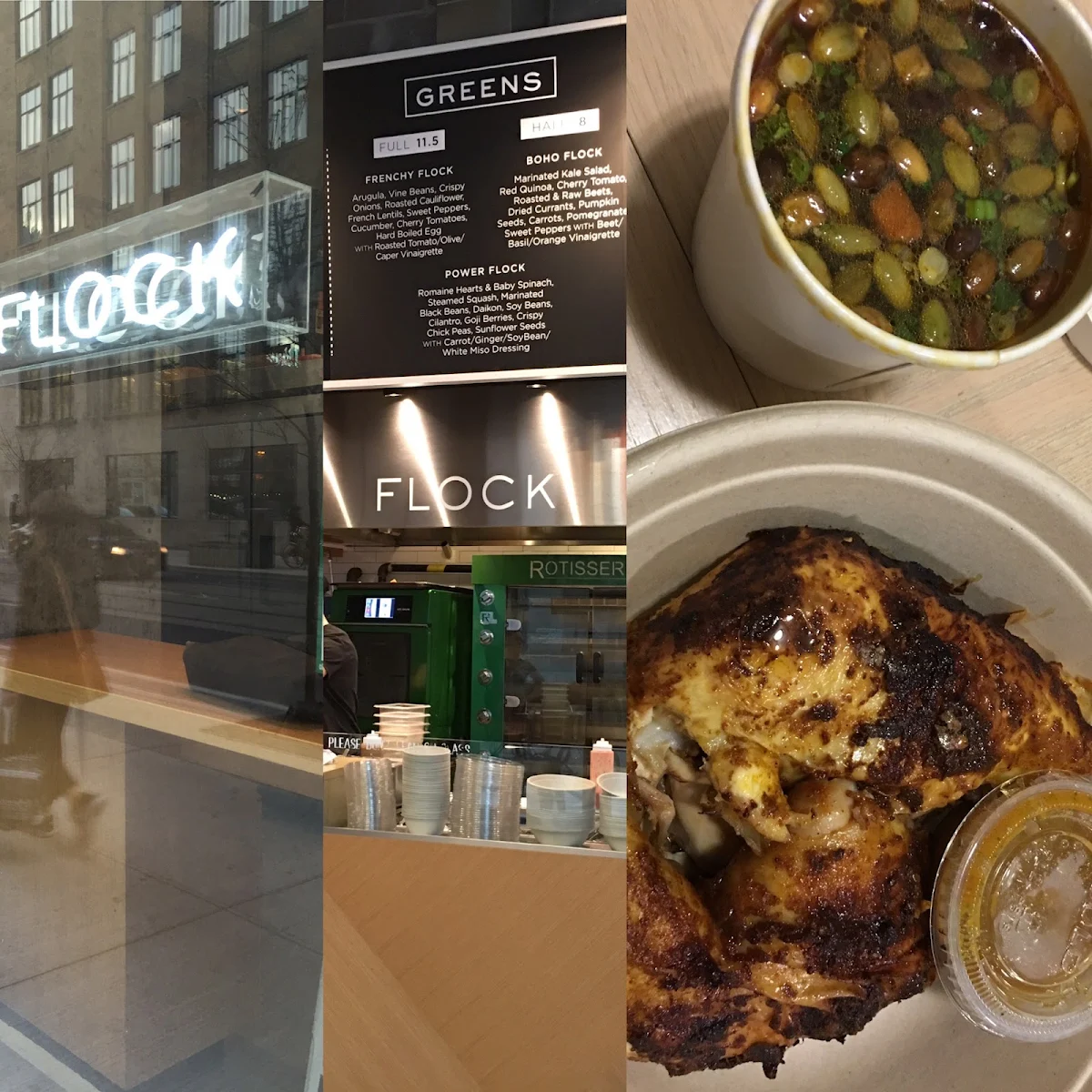 Menu, FLOCK rotisserie + greens