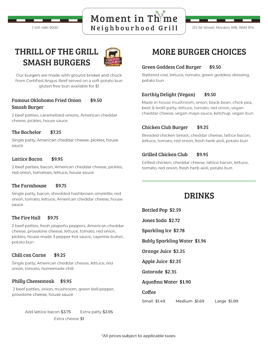 Menu, Moment in Thyme Neighbourhood Grill