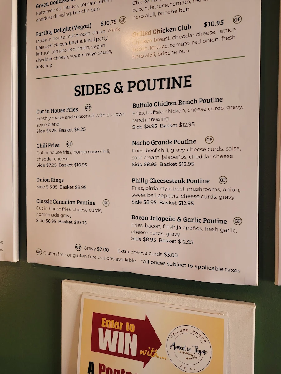 Menu, Moment in Thyme Neighbourhood Grill