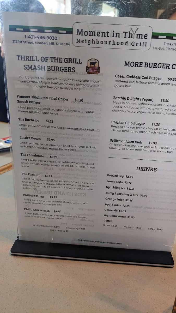 Menu, Moment in Thyme Neighbourhood Grill