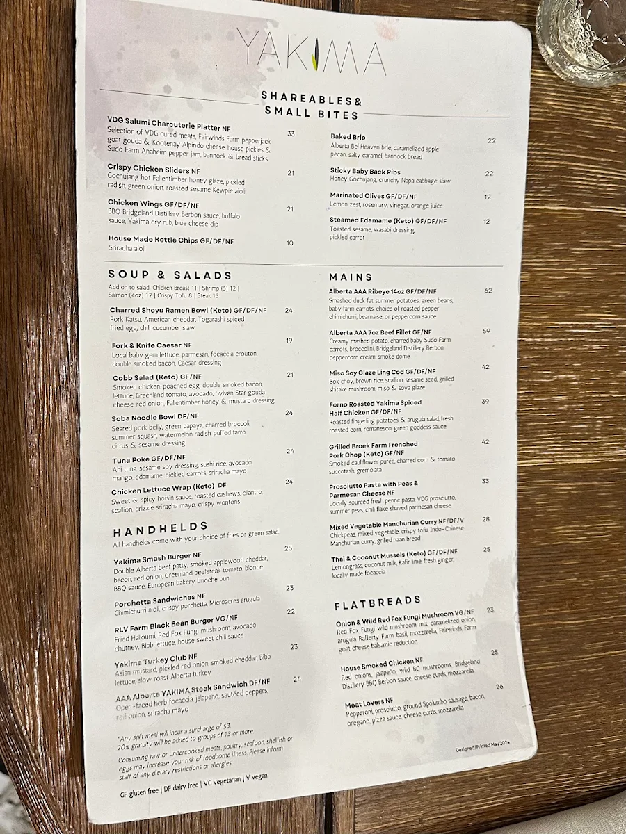 Menu, Yakima Social Kitchen + Bar