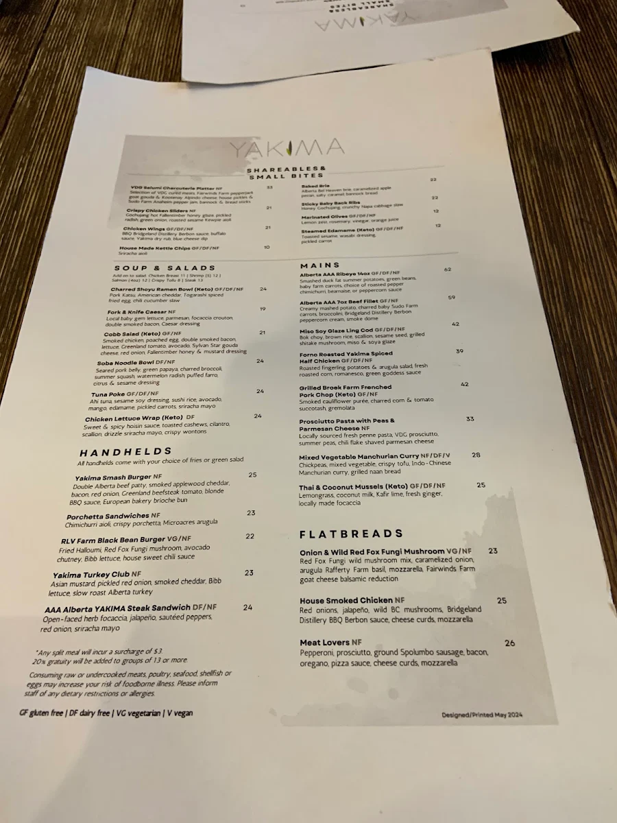 Menu, Yakima Social Kitchen + Bar