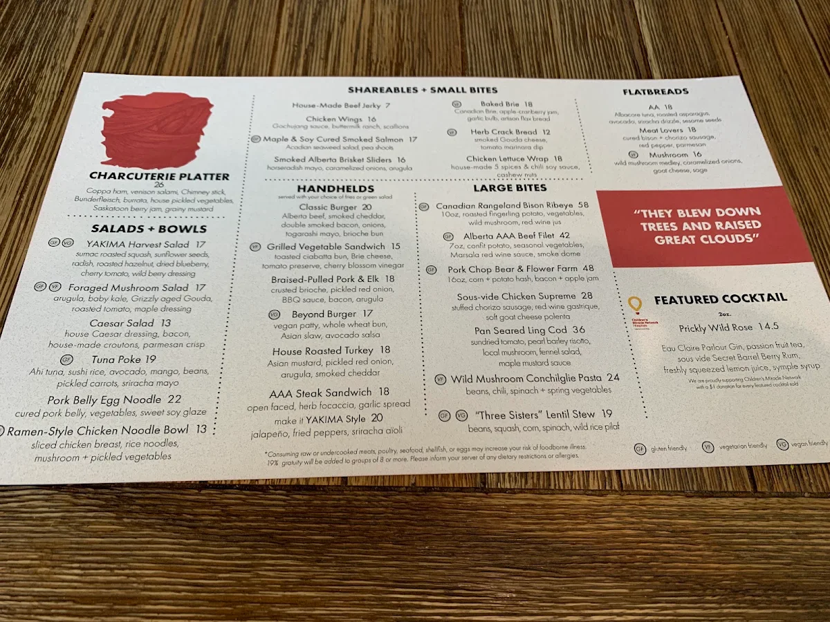 Menu, Yakima Social Kitchen + Bar