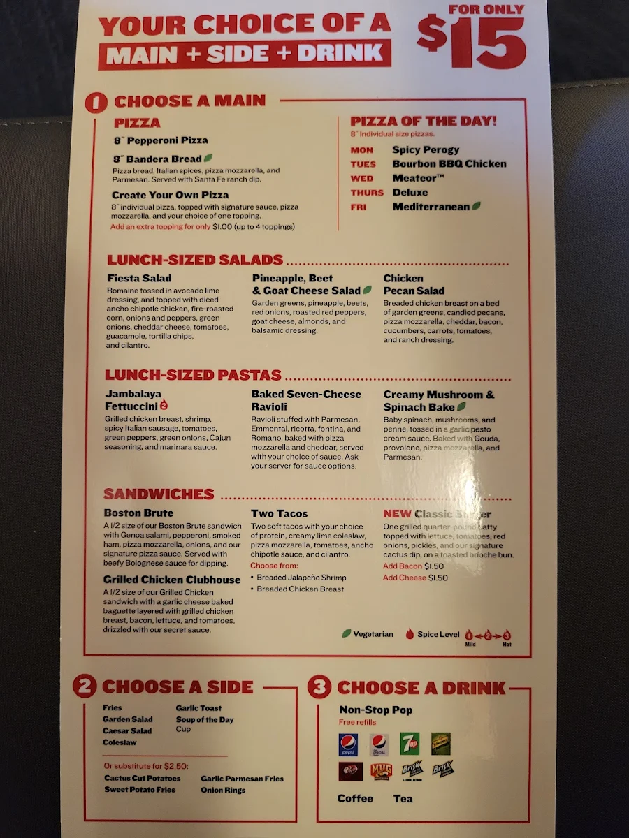 Menu, Boston Pizza