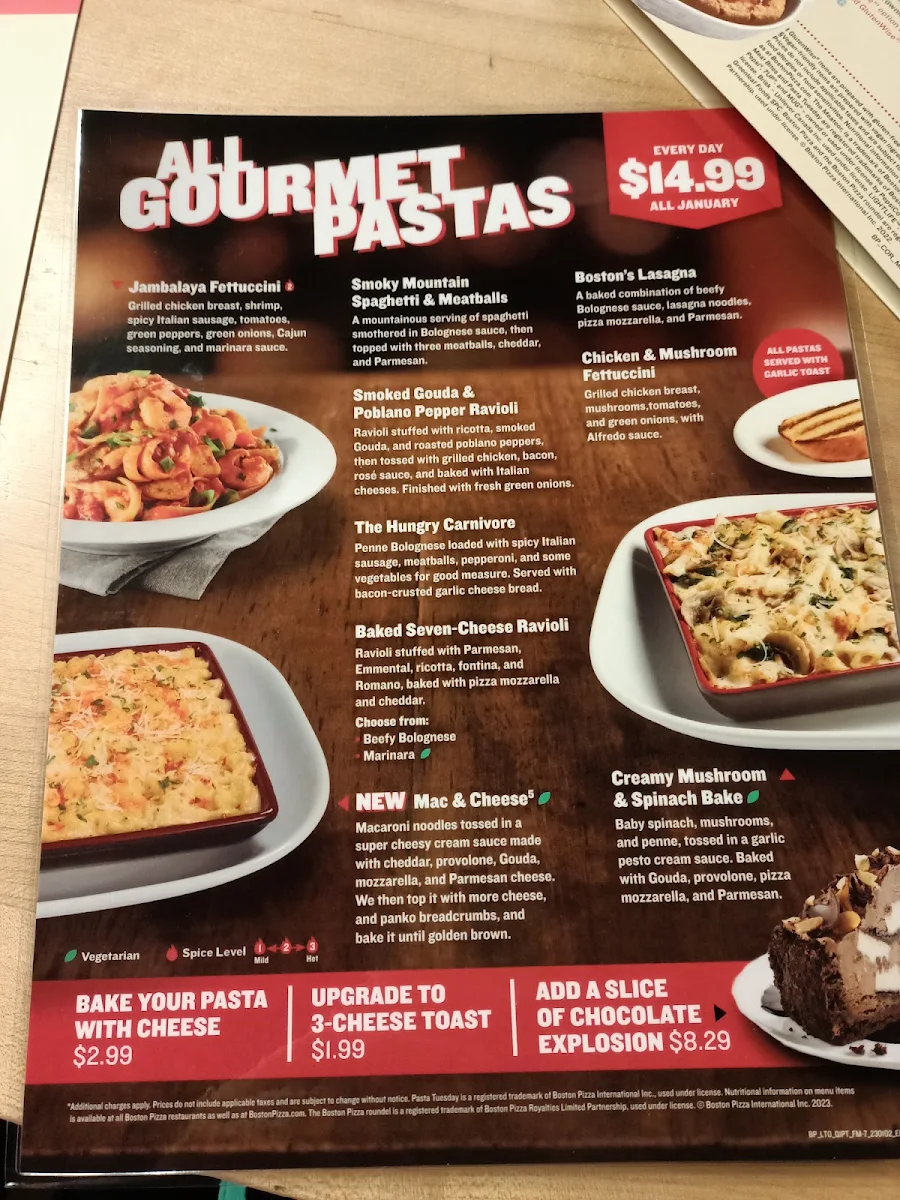 Menu, Boston Pizza