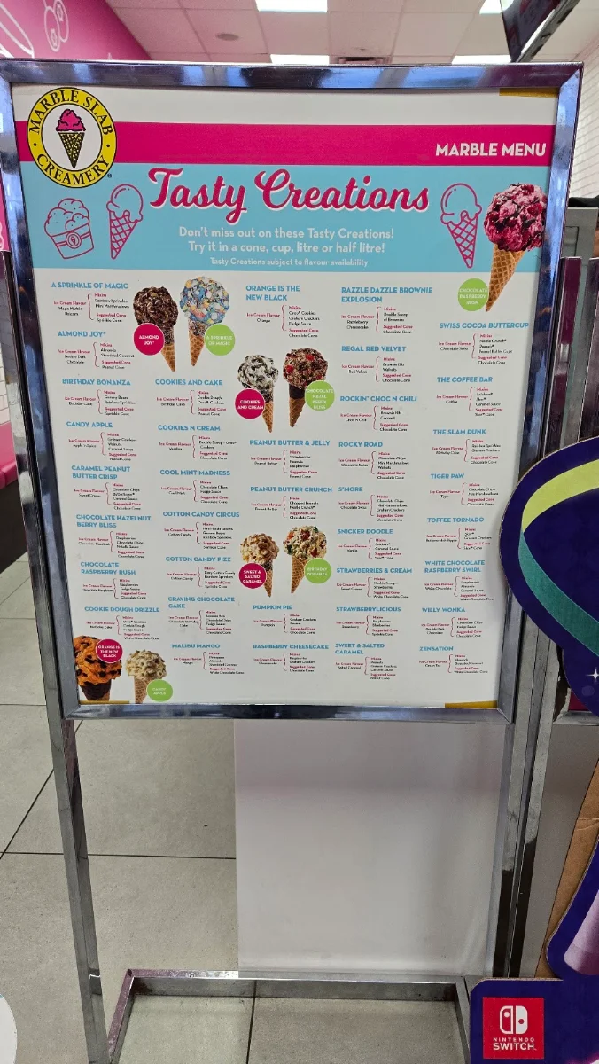 Menu, Marble Slab Creamery