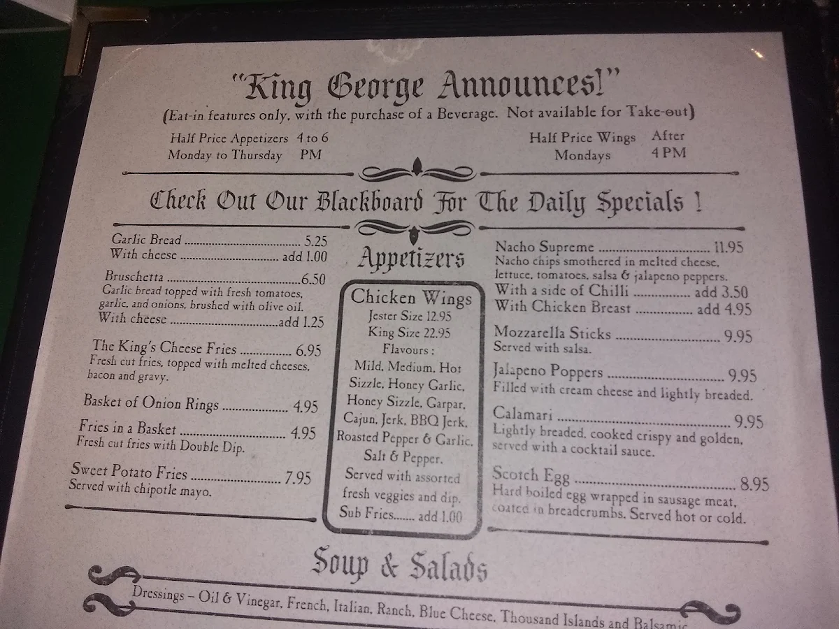 Menu, King George’s Arms