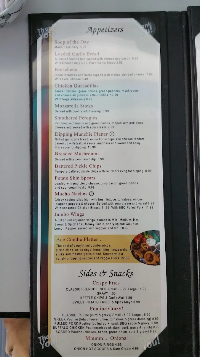 Menu, Ace Pizzeria