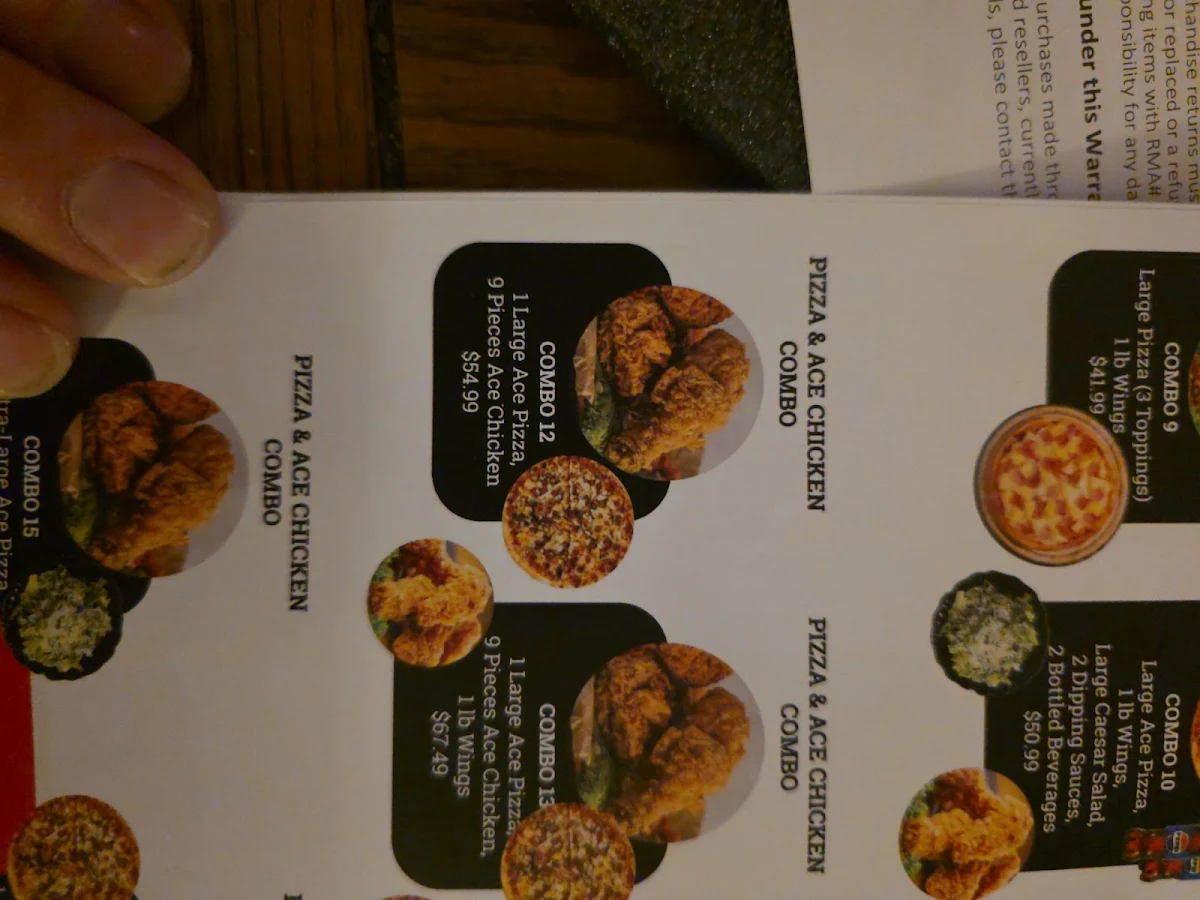 Menu, Ace Pizzeria